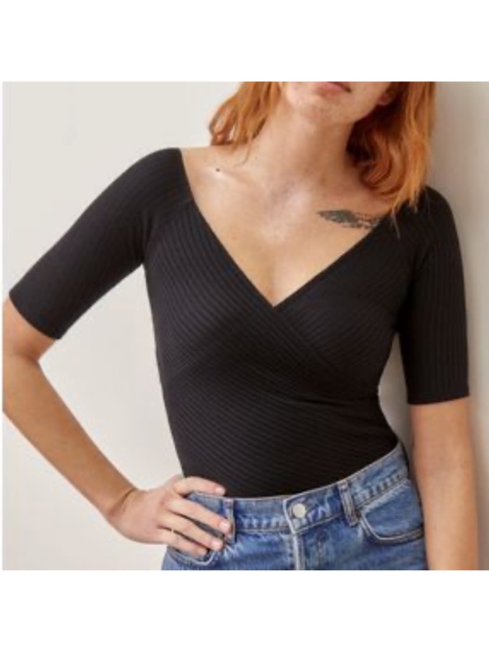 Reformation Dash Black Ribbed Faux Wrap Top M Medium